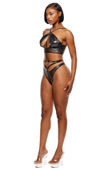 Liquid Metal Metallic Mesh Halterneck Bra Lingerie Set - Gunmetal