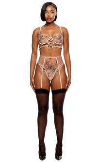 Just Peachy Embroidered Longline Bra Lingerie Set - Peach