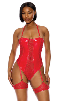 Perfect Pair Vinyl and Lace Teddy - Red