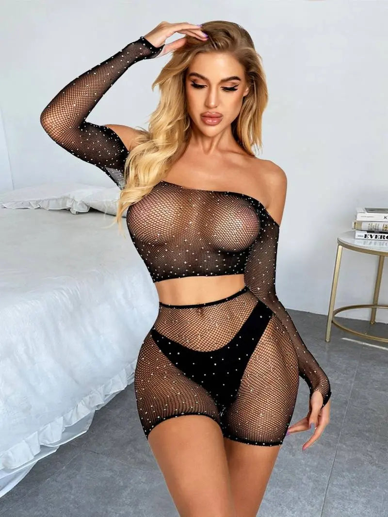 Rhinestone Fishnet Off Shoulder Lingerie Set