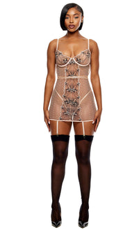 Just Peachy Embroidered Chemise Lingerie Set - Peach