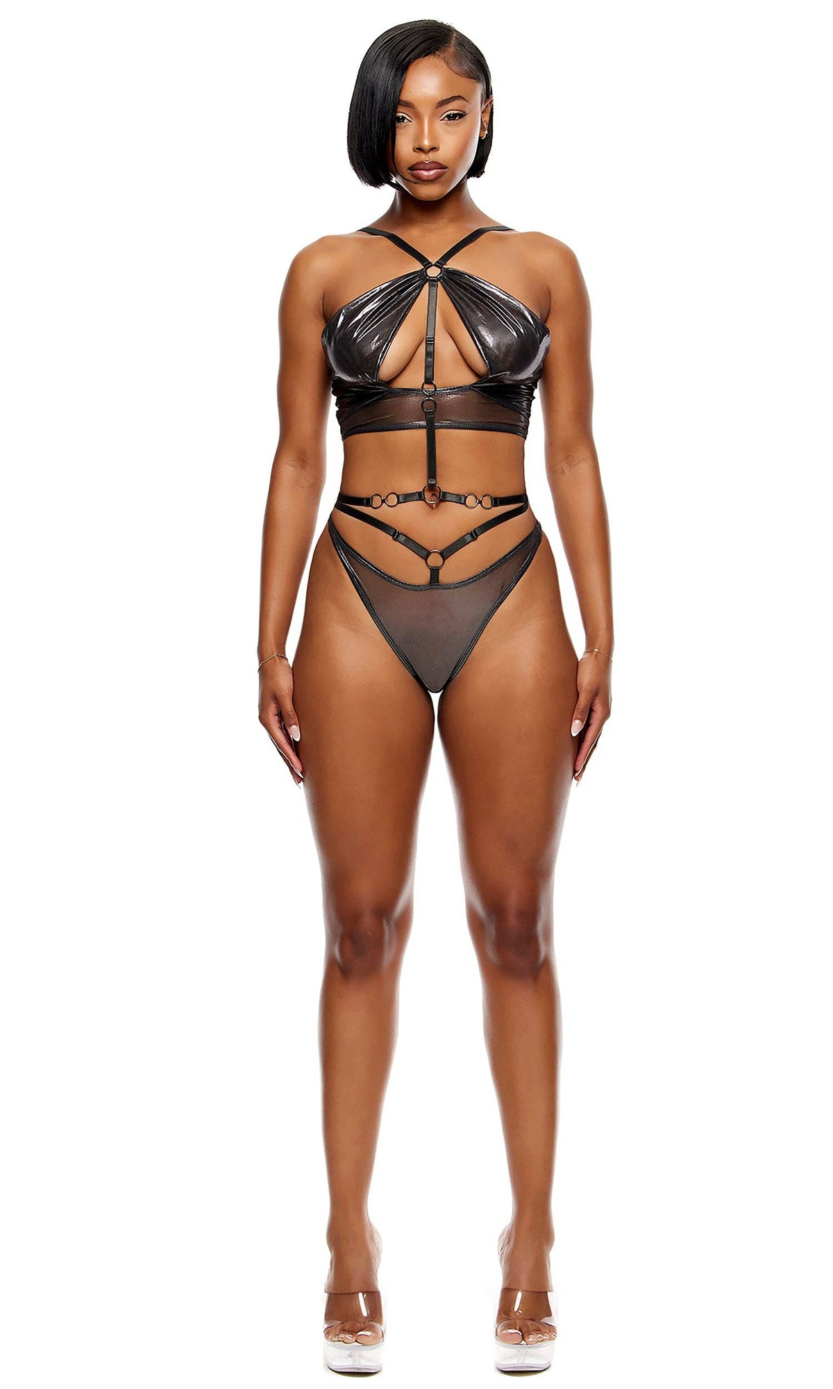 Liquid Metal Metallic Mesh Halterneck Bra Lingerie Set - Gunmetal