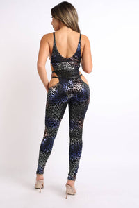 Multi Leopard Foiled Cutout String Detailed Jumpsuit SEXY DRESS OUTLET