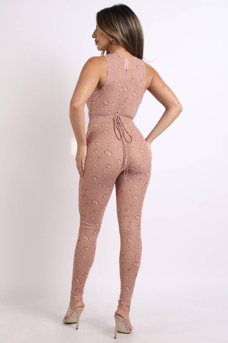Water drop printed Mesh Jumpsuit Pink Sexy Dress Outlet