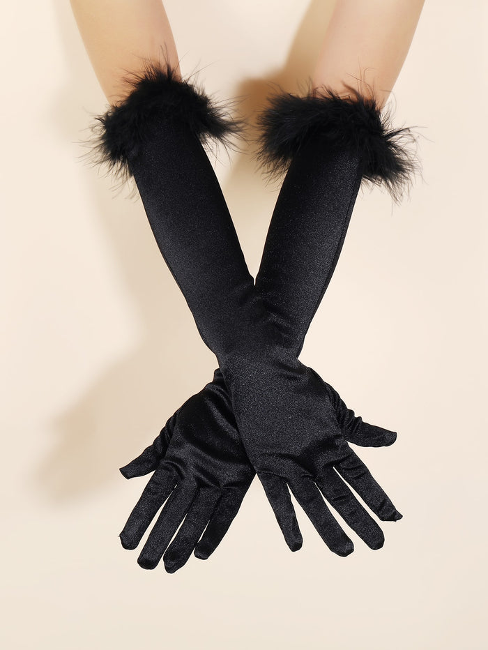 Fur Trim Gloves, Suitable For Party Events