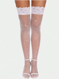 Lace Top Rhinestone Glittering Sheer Fishnet Stockings