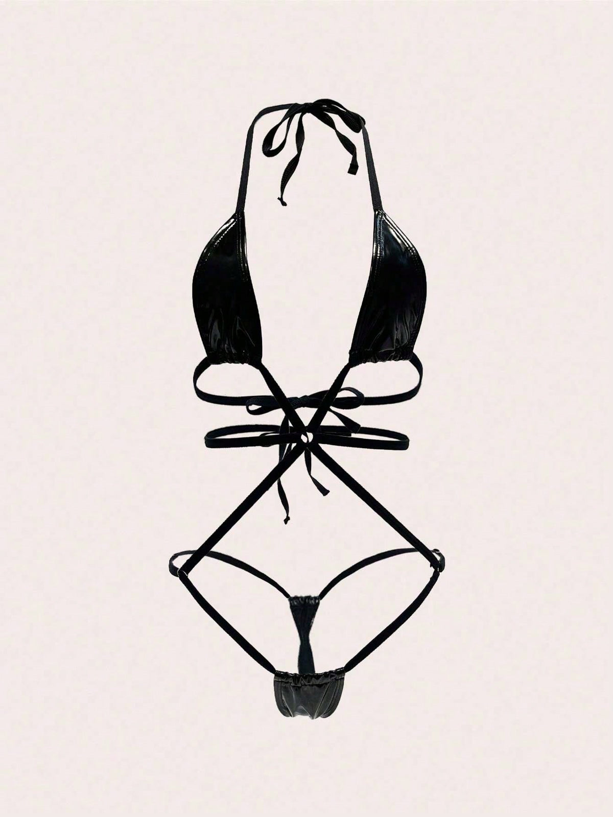 PU Wet Look  Halter Neck Strap Crossed Back Bodysuit
