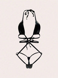 PU Wet Look  Halter Neck Strap Crossed Back Bodysuit