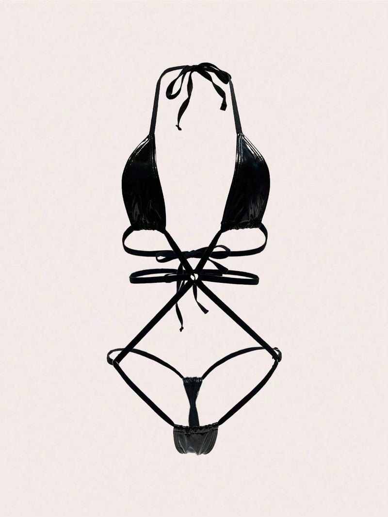 PU Wet Look  Halter Neck Strap Crossed Back Bodysuit