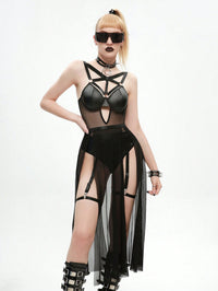4 Piece Set Mesh Cut Out Split Thigh Lingerie Dress Set With Leg Ring