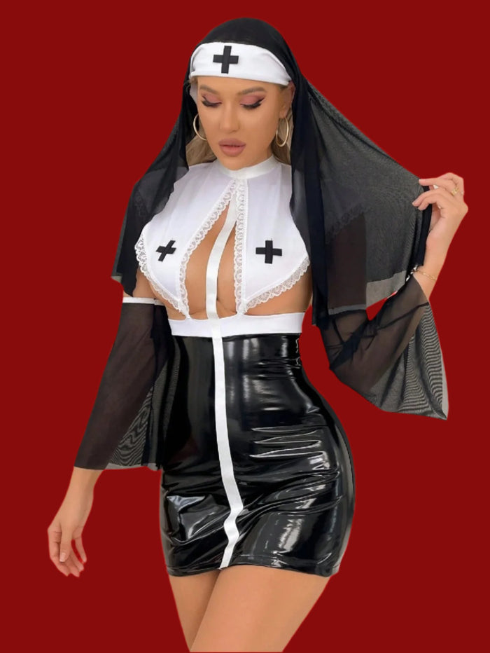 5packs Mesh Nurse Costume Set With Hat Black