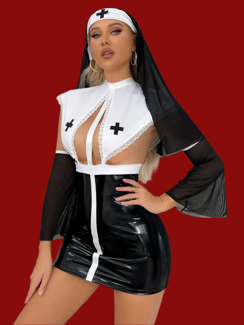5packs Mesh Nurse Costume Set With Hat Black