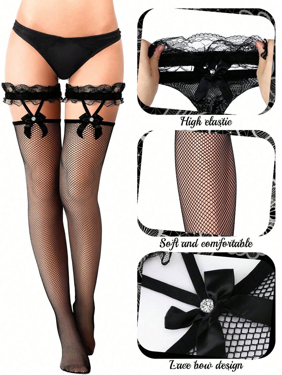 Bow Lace Butterfly Rhinestones Fishnet Stockings
