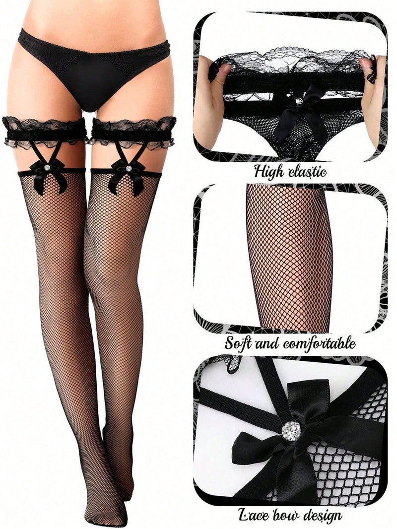 Bow Lace Butterfly Rhinestones Fishnet Stockings