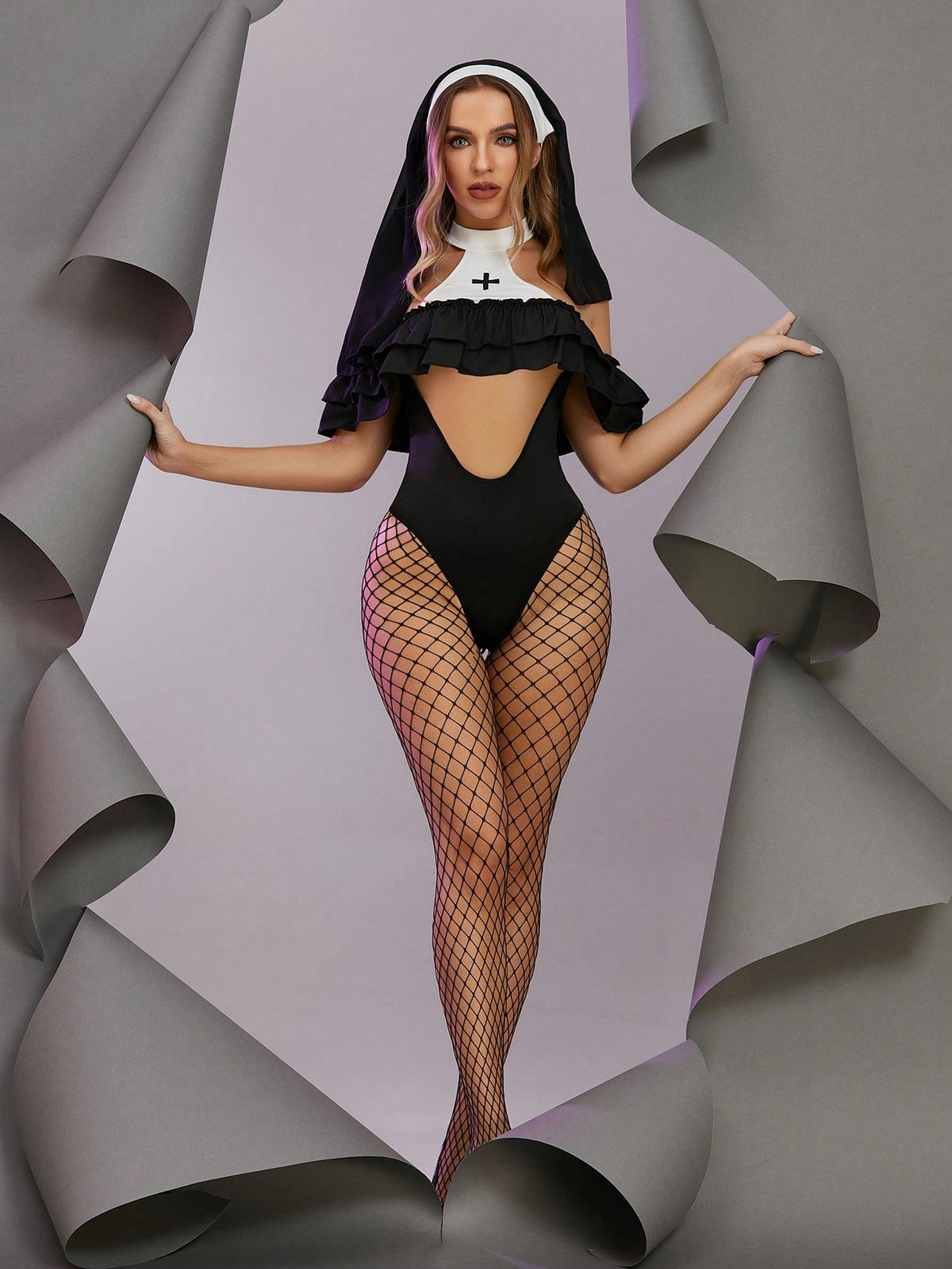 Role Play Crisscross Strap Lingerie Bodysuits With Hooded Cape
