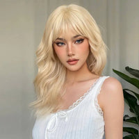 22 Inch Long Blonde Wig With Bangs Wavy Curly Synthetic Hair Natural Looking Heat Resistant With Wig Cap