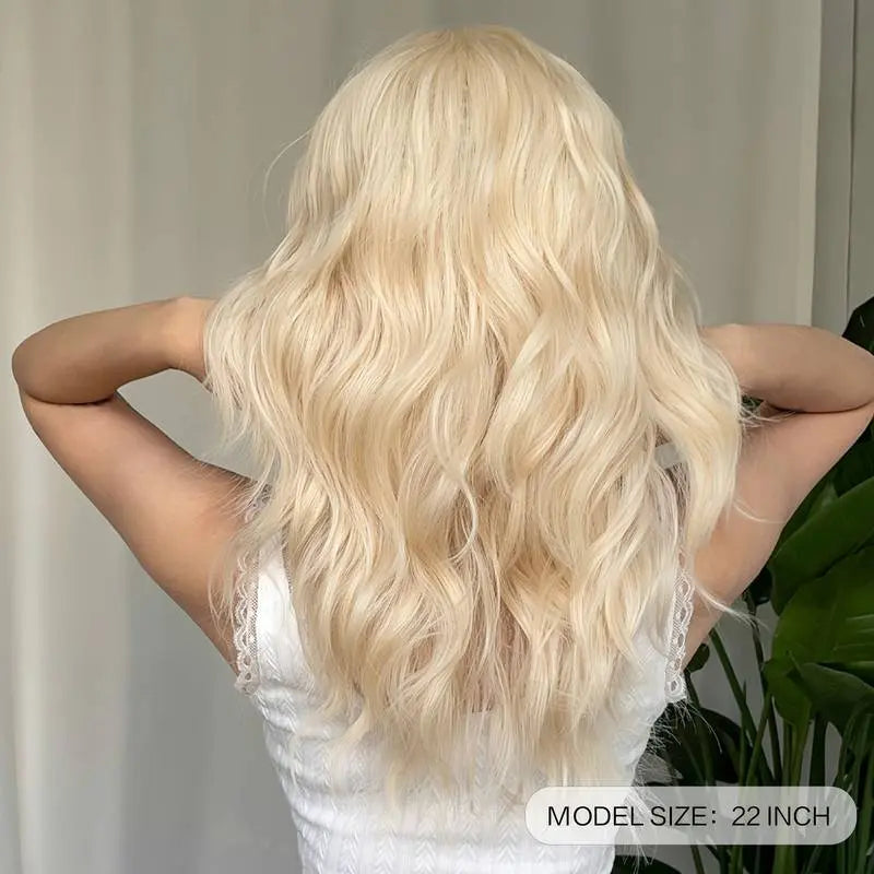 22 Inch Long Blonde Wig With Bangs Wavy Curly Synthetic Hair Natural Looking Heat Resistant With Wig Cap