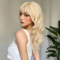 22 Inch Long Blonde Wig With Bangs Wavy Curly Synthetic Hair Natural Looking Heat Resistant With Wig Cap