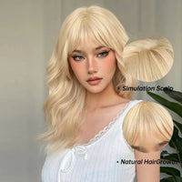 22 Inch Long Blonde Wig With Bangs Wavy Curly Synthetic Hair Natural Looking Heat Resistant With Wig Cap