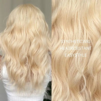 22 Inch Long Blonde Wig With Bangs Wavy Curly Synthetic Hair Natural Looking Heat Resistant With Wig Cap