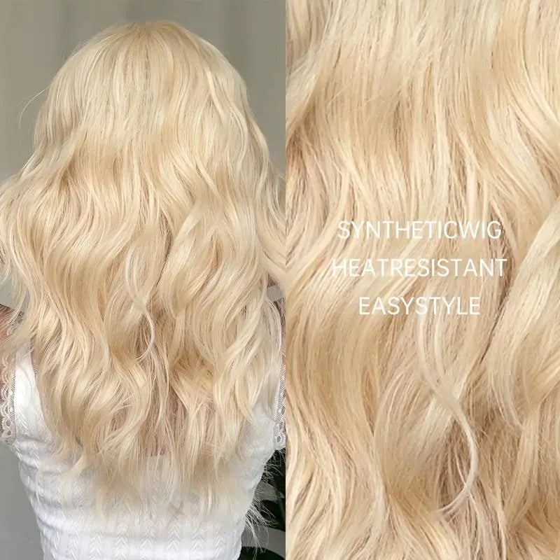 22 Inch Long Blonde Wig With Bangs Wavy Curly Synthetic Hair Natural Looking Heat Resistant With Wig Cap