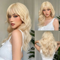 22 Inch Long Blonde Wig With Bangs Wavy Curly Synthetic Hair Natural Looking Heat Resistant With Wig Cap