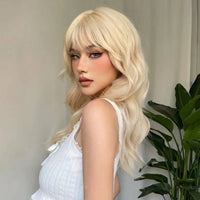 22 Inch Long Blonde Wig With Bangs Wavy Curly Synthetic Hair Natural Looking Heat Resistant With Wig Cap