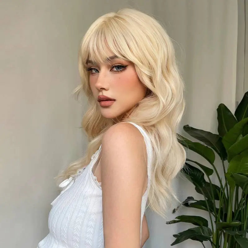 22 Inch Long Blonde Wig With Bangs Wavy Curly Synthetic Hair Natural Looking Heat Resistant With Wig Cap