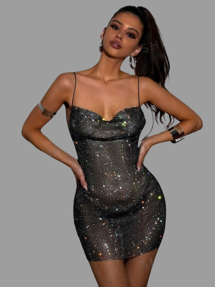 Rhinestone Decor Mesh See-Through Fishnet  Nightclub Mini Dress Black
