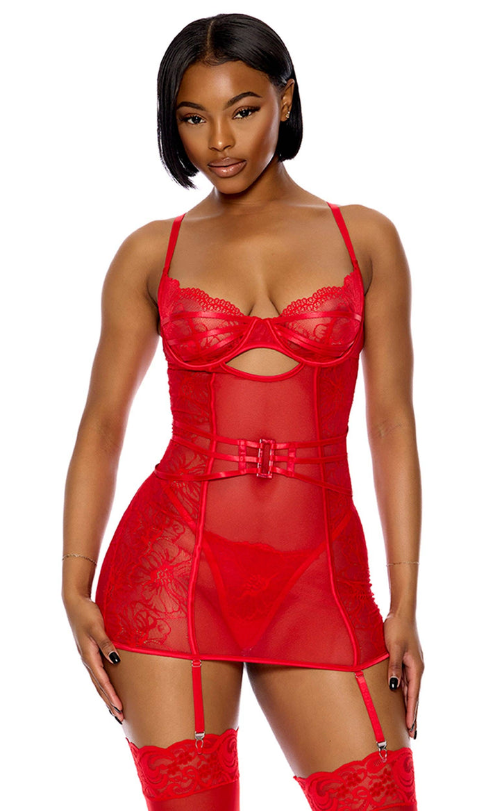 Thirst Strap Strappy Lace Chemise Lingerie Set - Rose