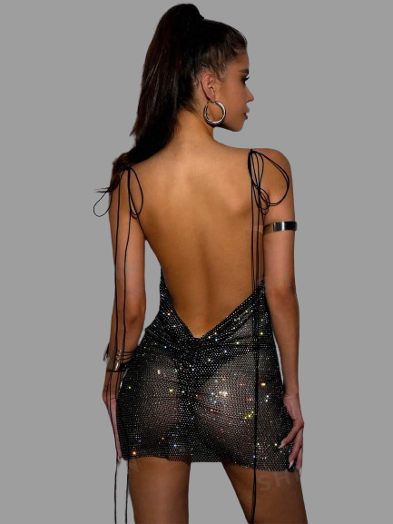 Rhinestone Decor Mesh See-Through Fishnet  Nightclub Mini Dress Black