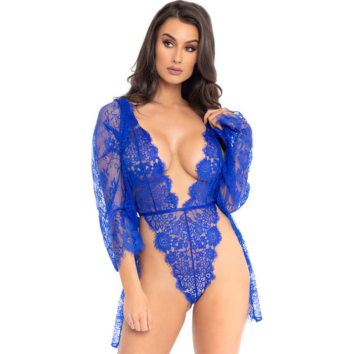 Leg Avenue Floral Lace Teddy and Robe Blue-0