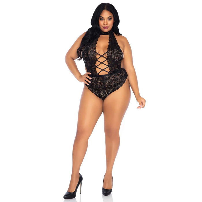 Leg Avenue Floral Lace Crotchless Teddy Black UK 14 to 18-0