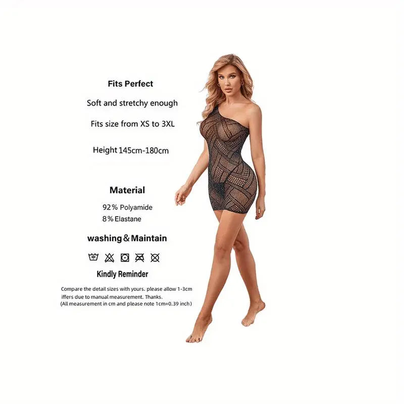 Cut Out One Shoulder Rhinestone Fishnet Mini Dress