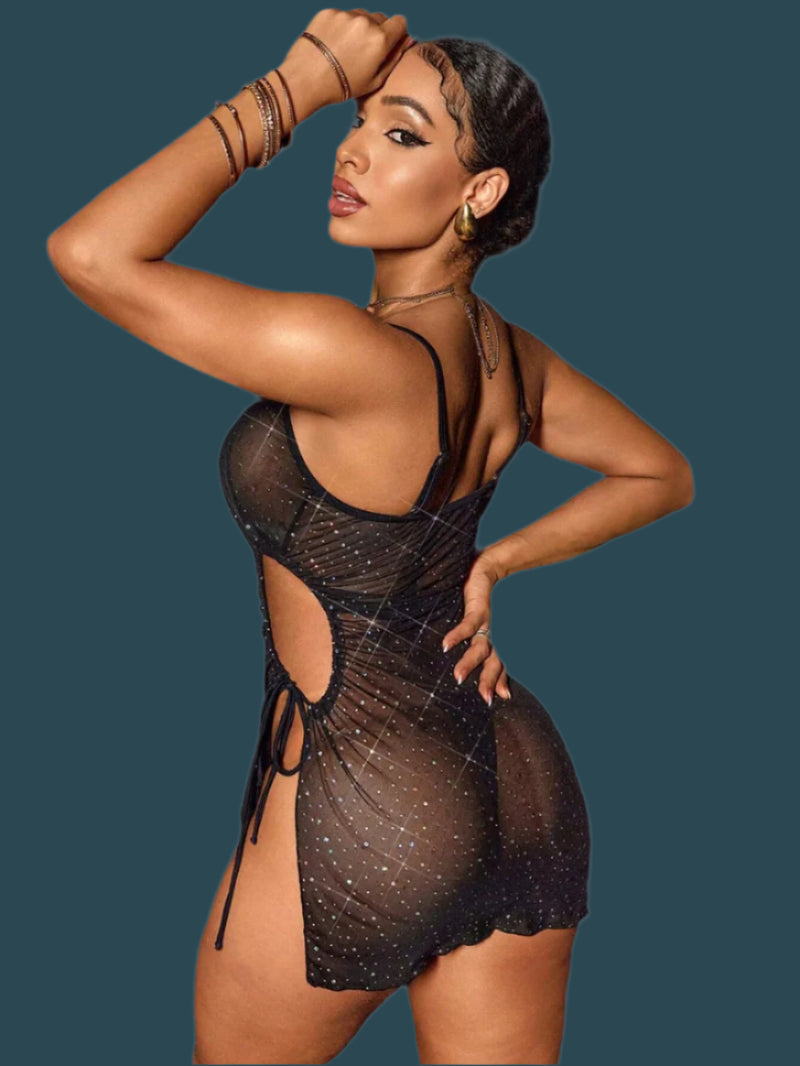 Women Cover Ups - Sleeveless Sexy Lingerie Rhinestone Dress