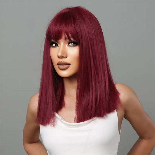 Short Bob Straight Hair Wigs With Bangs Synthetic Fiber Hair