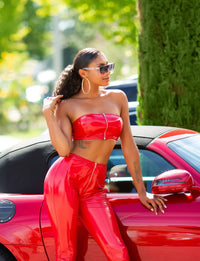 HIGH WAIST LATEX LOOK PANTS WITH ZIP RED