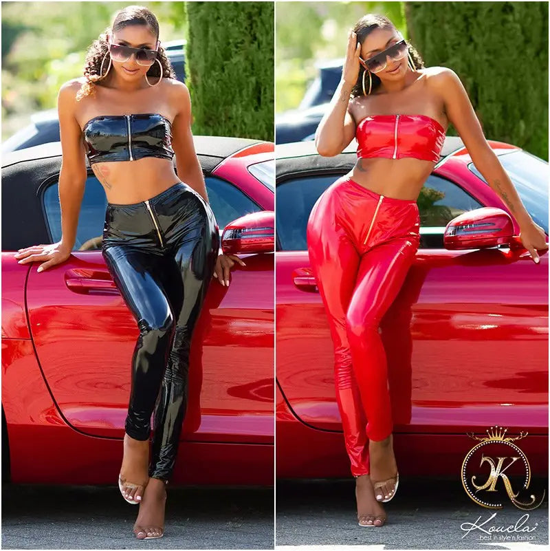 HIGH WAIST LATEX LOOK PANTS WITH ZIP RED