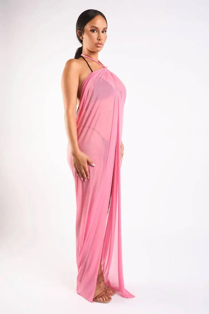 Haltered front slit maxi coverup Maxi Dress Pink