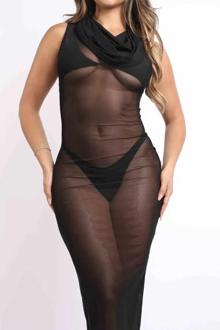 Hooded Mesh Maxi Dress Black