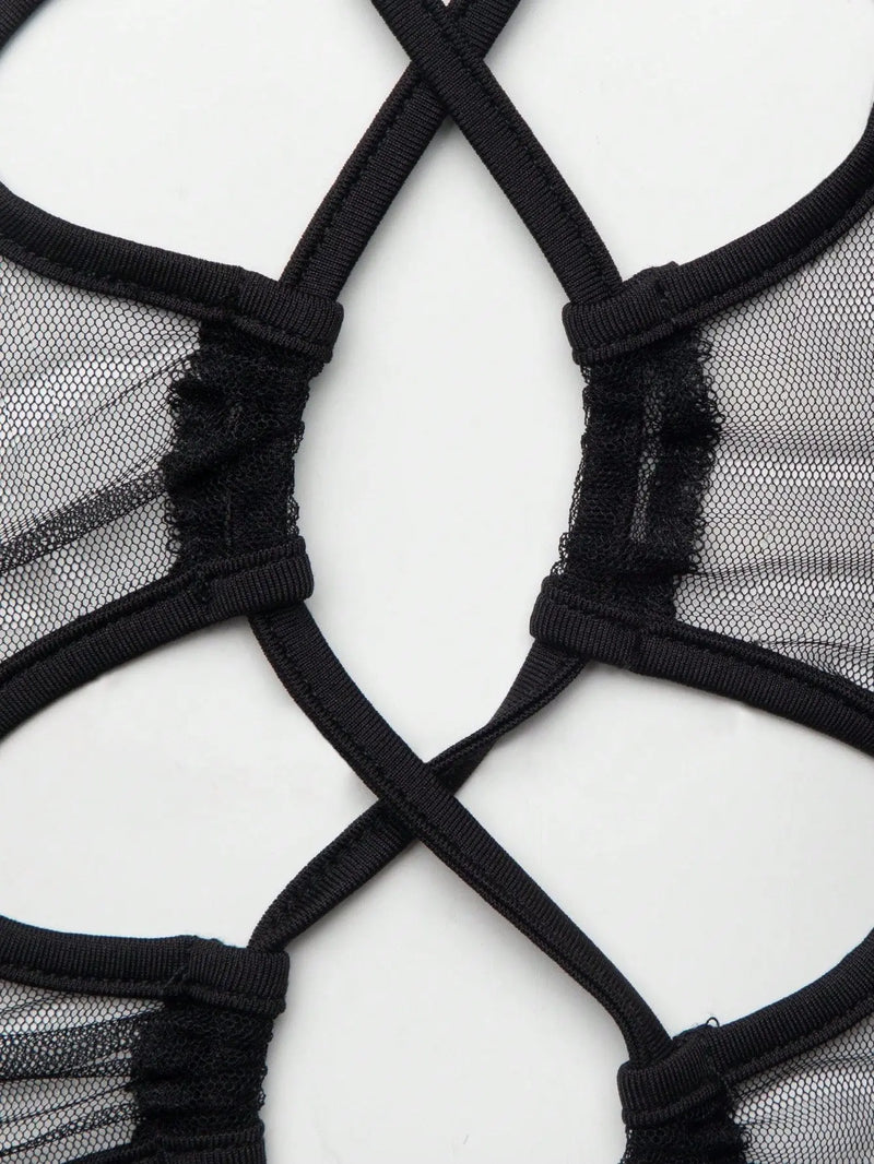 Lace Up Front Mesh Dress Bra & Panty Set