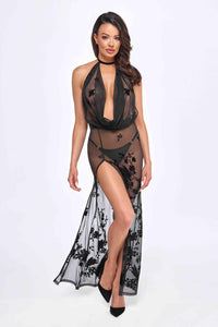 F312 Divinity long flocked mesh dress with open back - 3XL-4