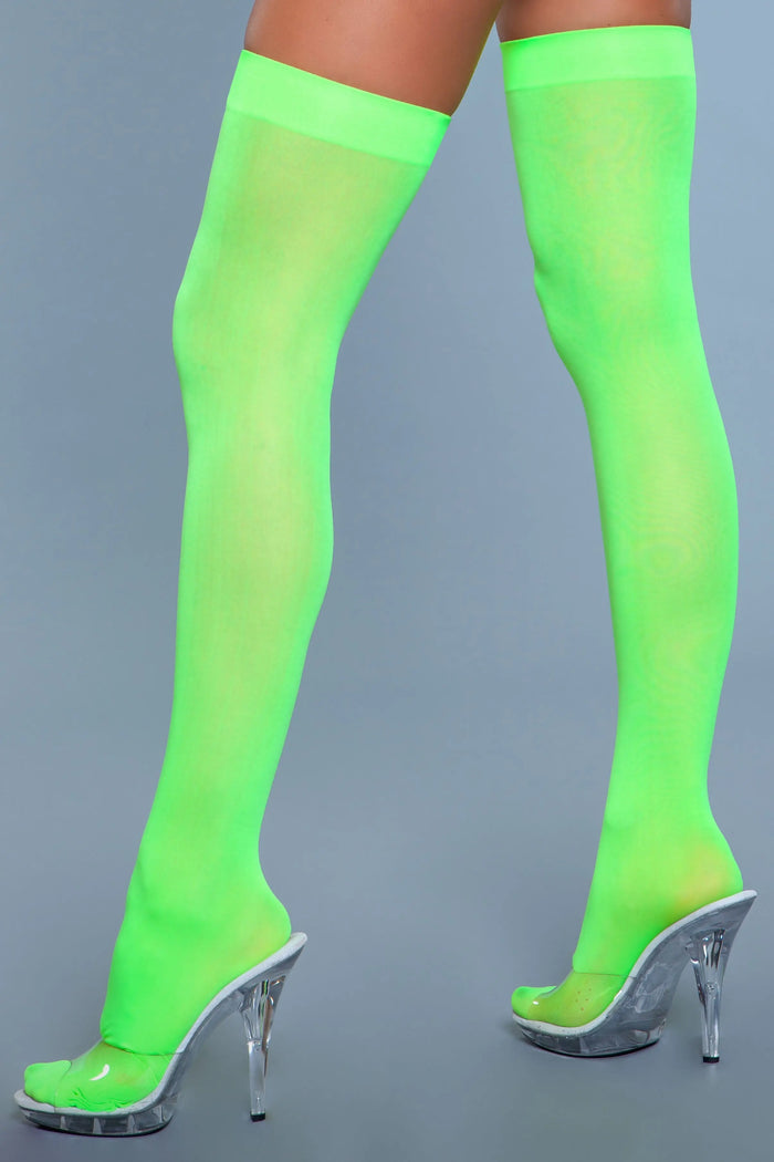 Opaque Nylon Thigh Highs Neon Green