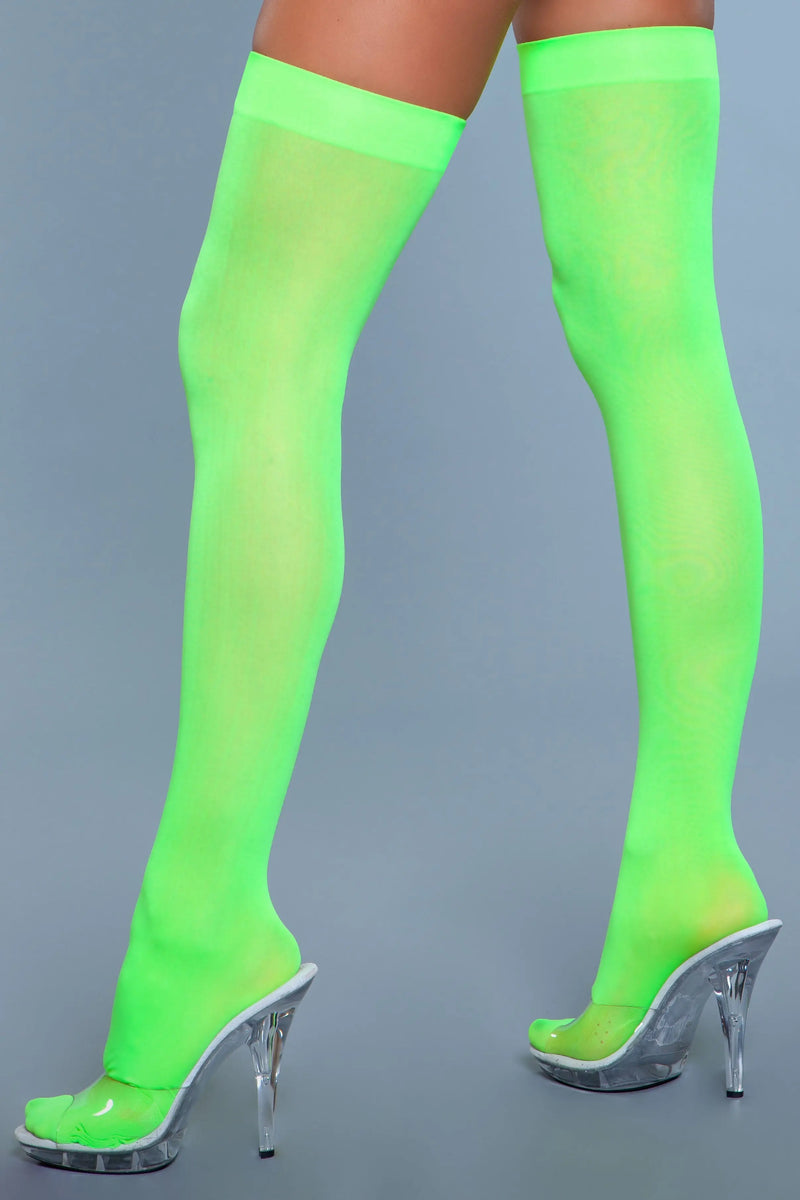 Opaque Nylon Thigh Highs Neon Green