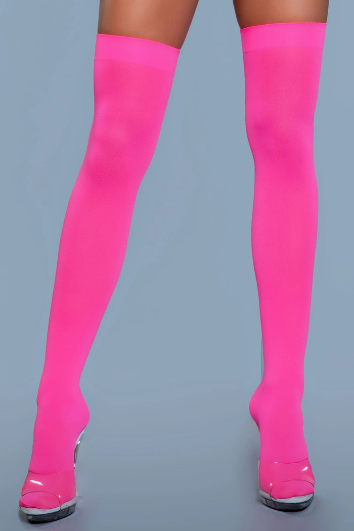 Opaque Nylon Thigh Highs Neon Pink
