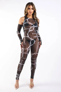 Printed Mesh Jumpsuit Black