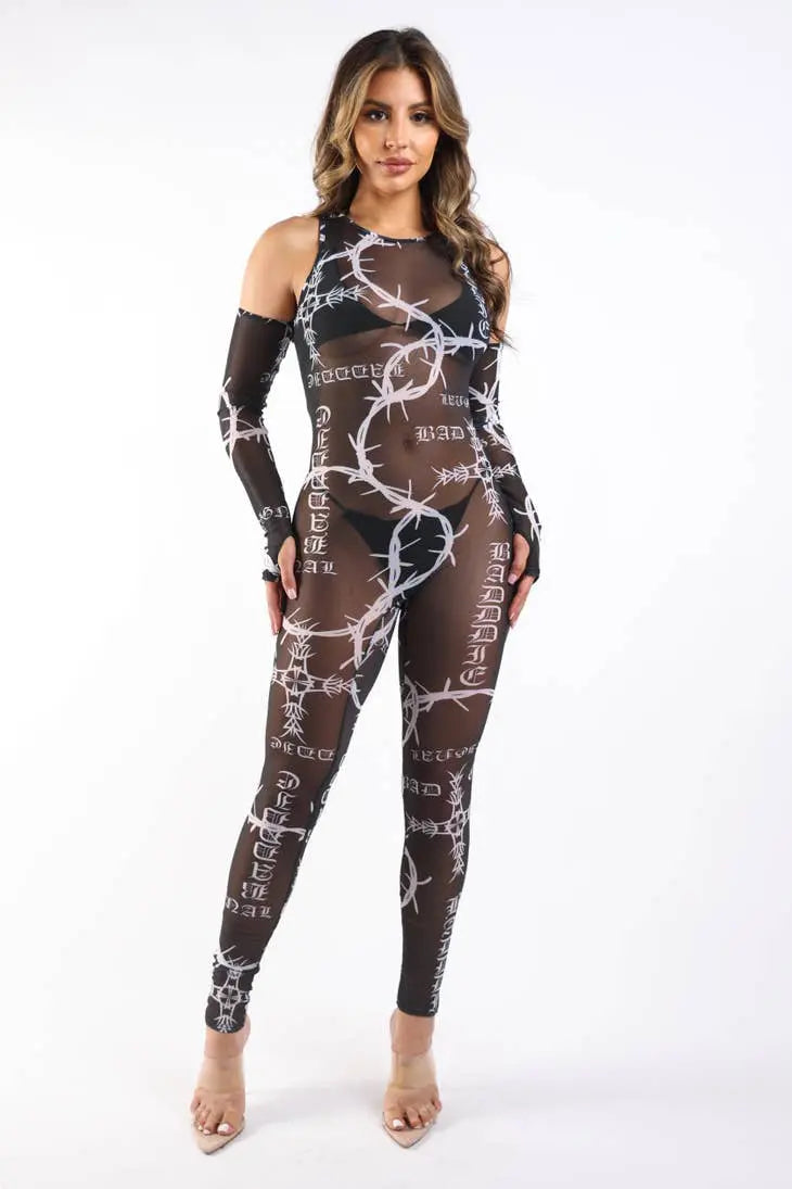 Printed Mesh Jumpsuit Black