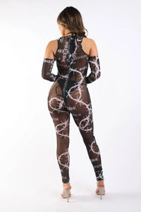 Printed Mesh Jumpsuit Black