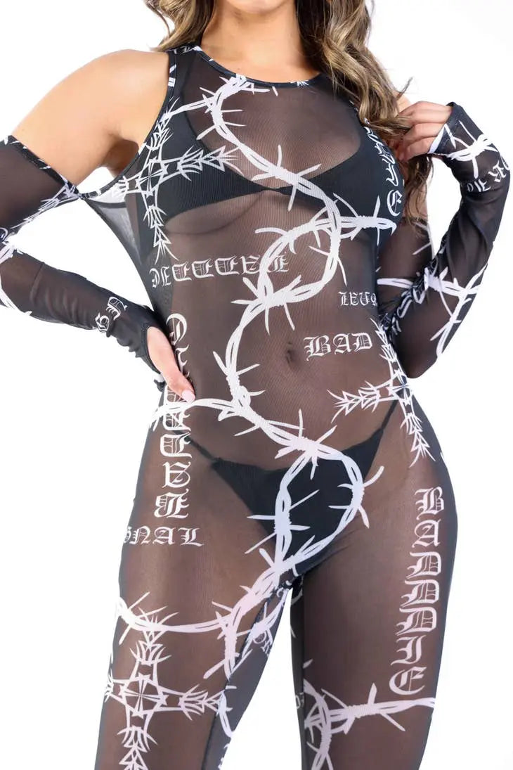 Printed Mesh Jumpsuit Black