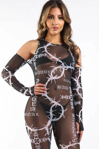 Printed Mesh Jumpsuit Black